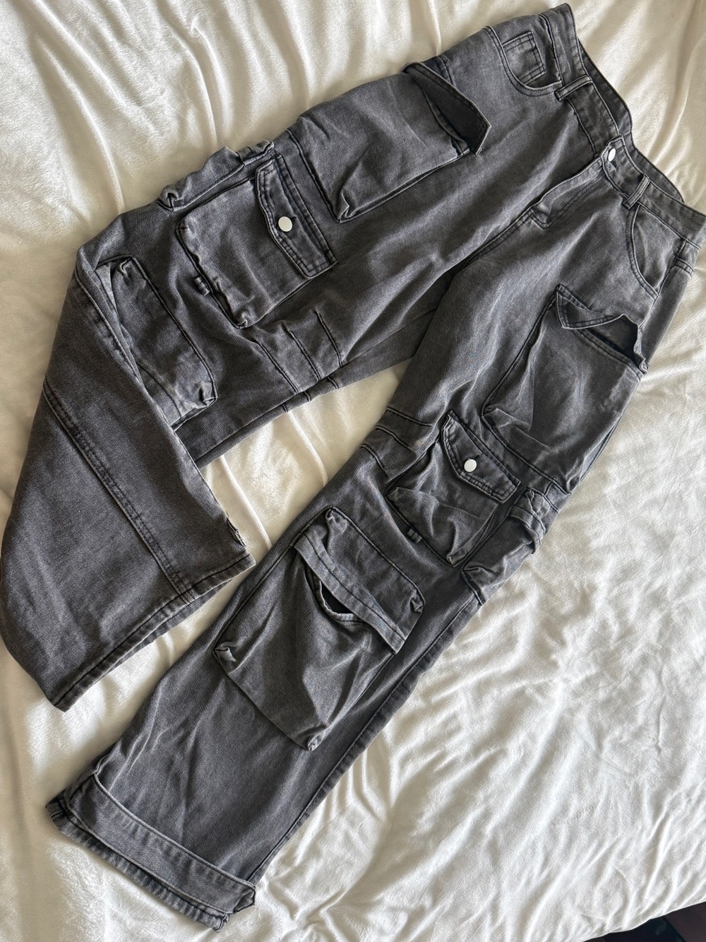 Washed Grey Baggy Cargo Jeans Multi Pocket Wide Leg Y2K Streetwear Size L